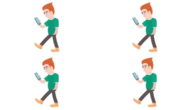 拿着电话的走路的人。智能手机使用动画。卡通