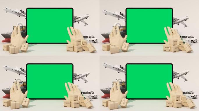 国际运输运输概念平板电脑绿屏VR被纸板箱包围，一艘货物集装箱船，一架飞行飞机，一辆货车和一辆卡车隔离