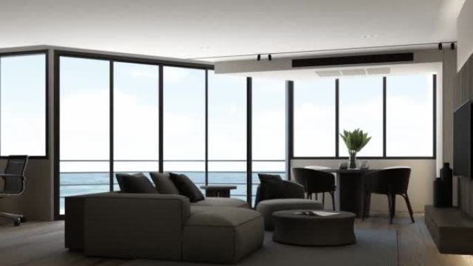 公寓的室内设计采用深色色调和简约风格。深色木质材料和带大窗户和透明窗帘的灰色软垫家具。生活区3d渲染