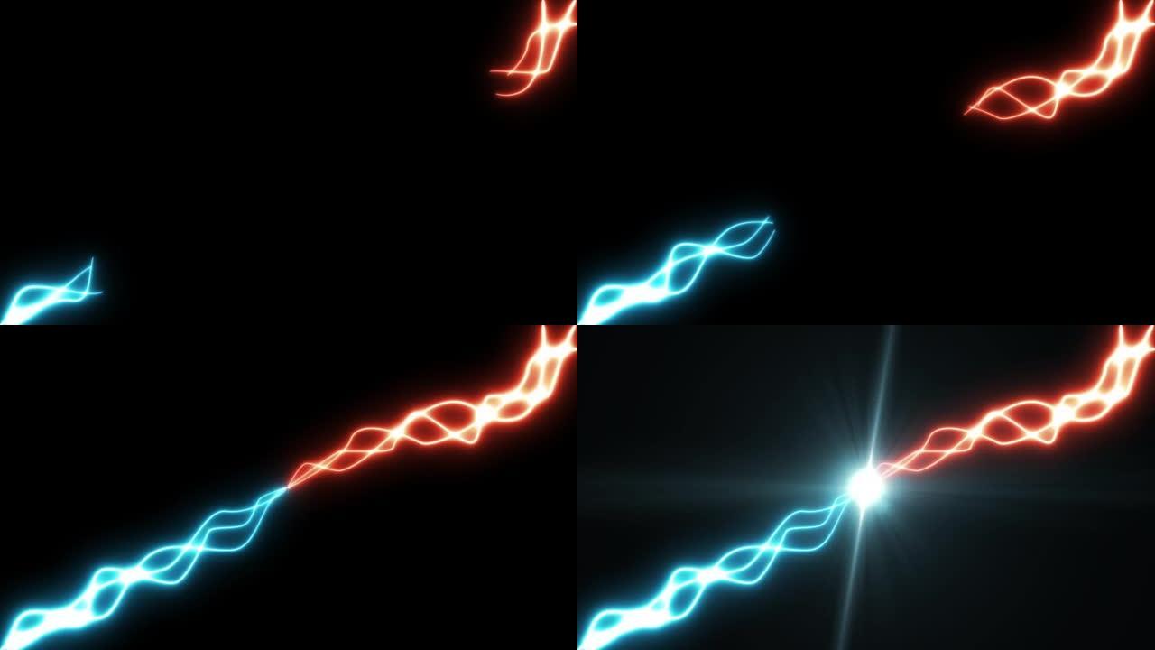 放电碰撞。蓝色和红色冲动休克能量爆炸。黑色背景上孤立的闪光闪电效果。3d动画。科幻未来或幻想霹雳元素