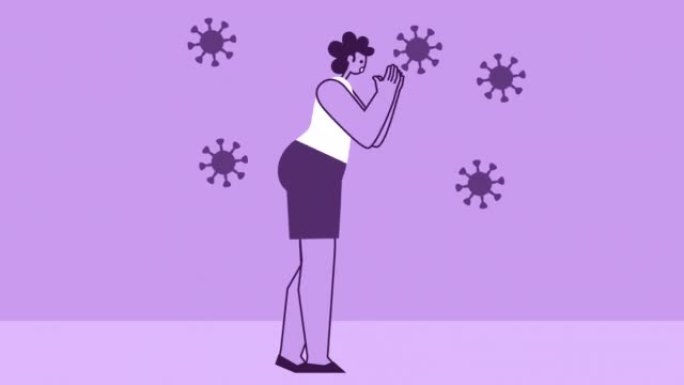 紫色风格的女人扁平性格咳嗽和打喷嚏病毒。带有Alpha通道的孤立动画