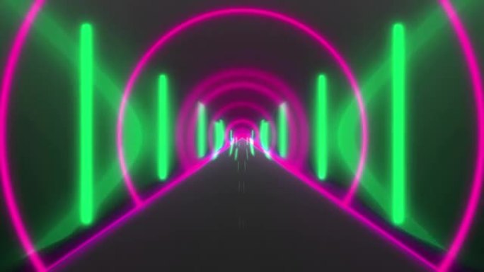 4k多色径向氖数字环路隧道。未来派霓虹灯紫外线荧光隧道动画黑色背景。穿越明亮的走廊，抽象的背景，纺纱