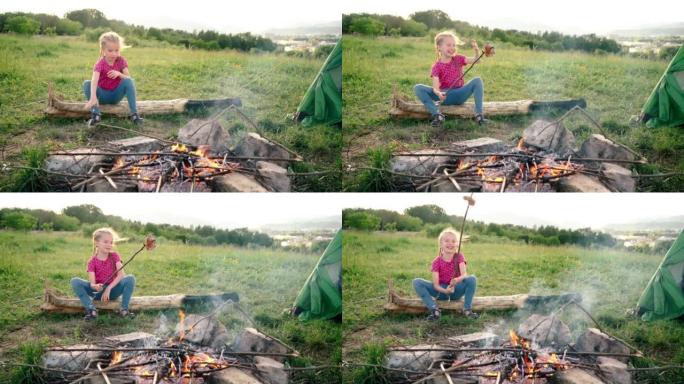 小女孩意外地把香肠棒掉进了篝火，有趣地笑了起来，坐在帐篷营地的木头上。家庭户外野餐活动概念4k镜头。