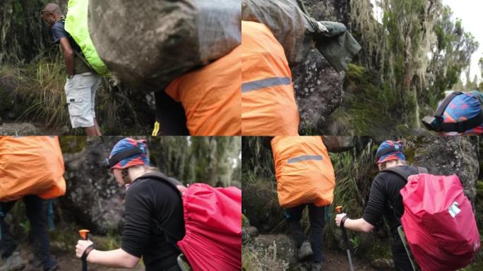 在攀登乞力马扎罗山的过程中，有一群带着向导的徒步旅行者，一群带着重型设备的搬运工