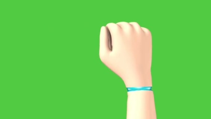 绿屏上的手在挥舞着拳头。3D动画
