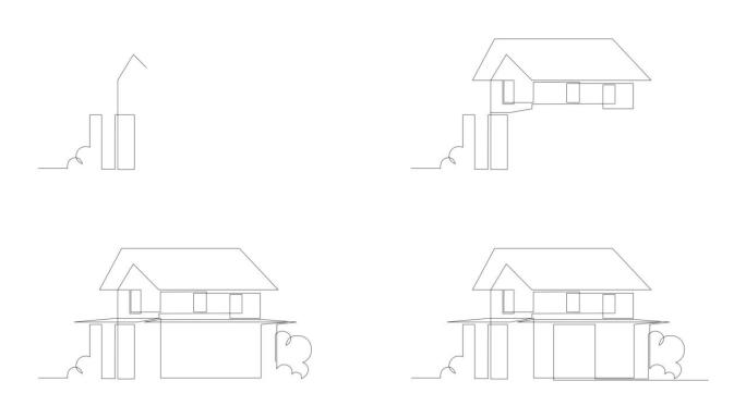 自画动画屋。白色背景上的手绘黑线动画小屋。自绘简单动画。连续绘制一行房屋，4k镜头