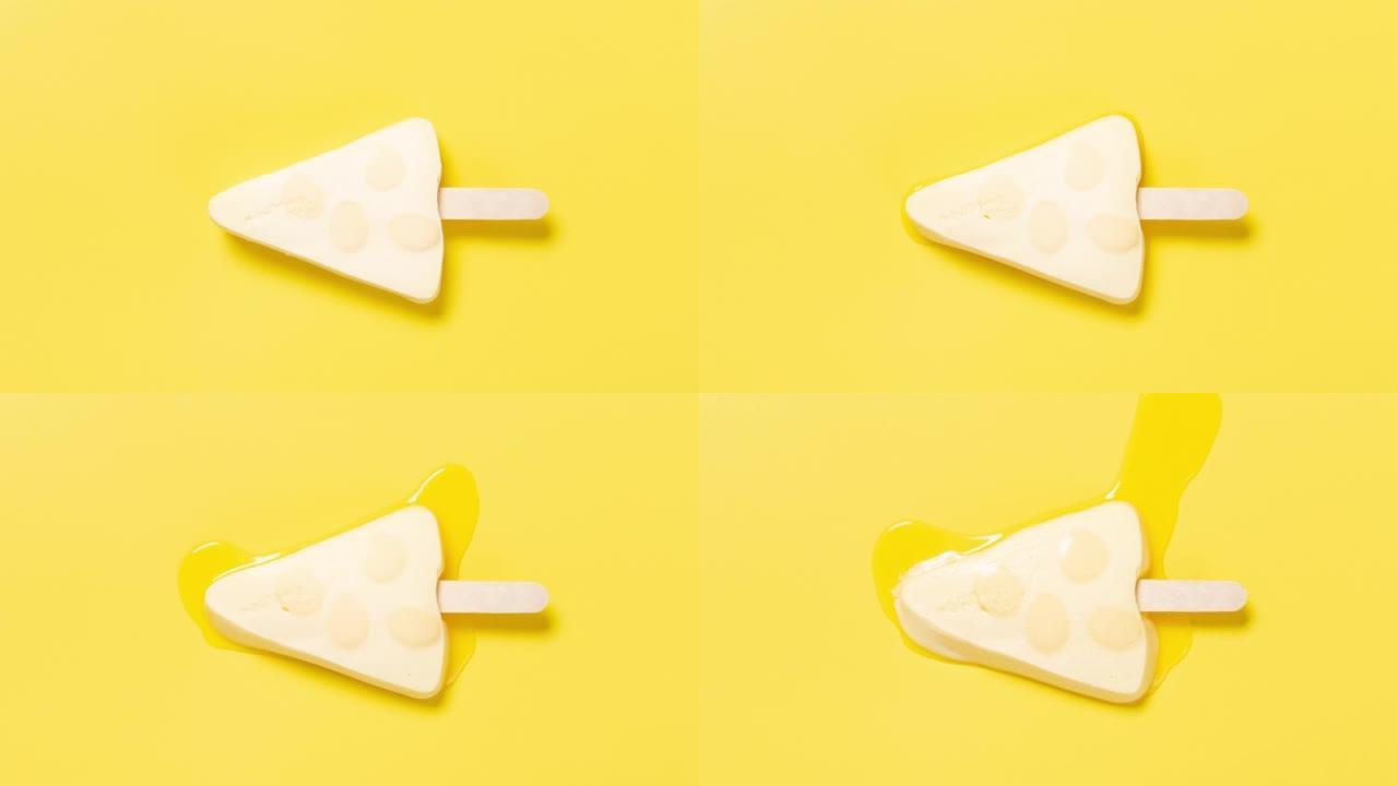 奶酪形状和风味爆米花融化在黄色上的延时