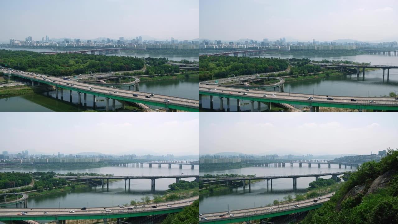 韩国首尔恩邦山的汉江河和城市景观