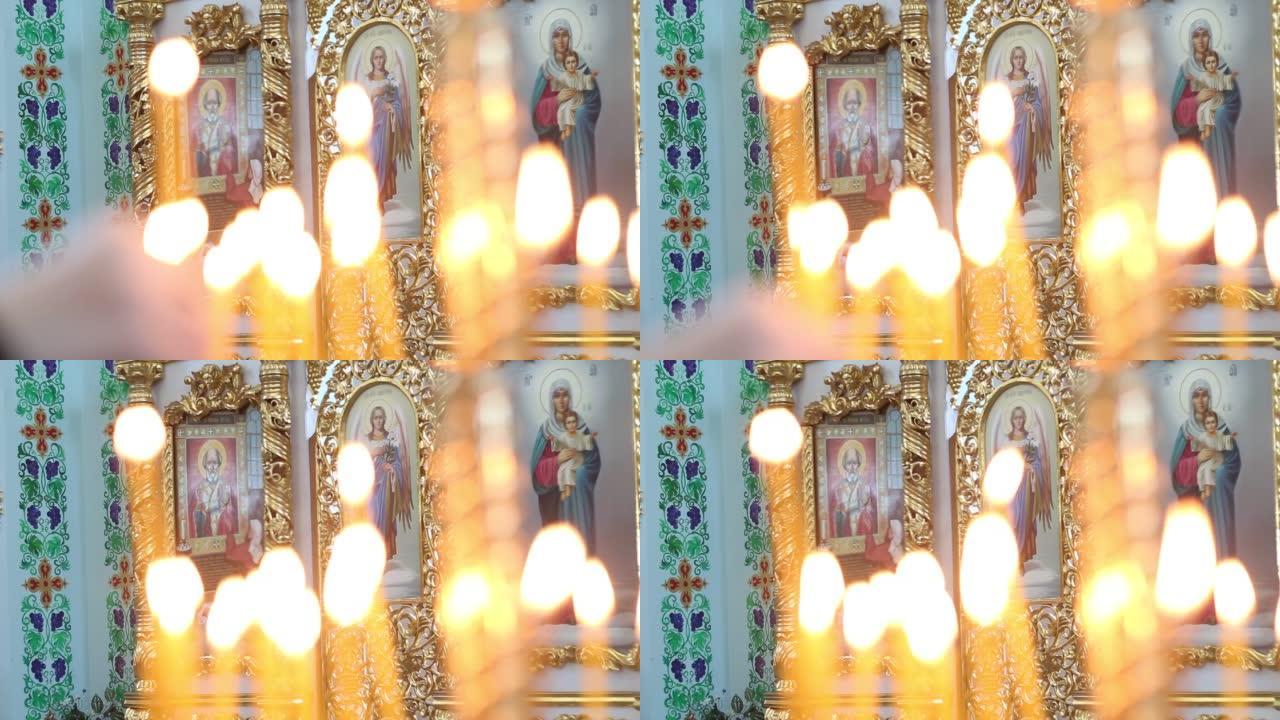 基督教教堂中的事工和前景中的蜡烛