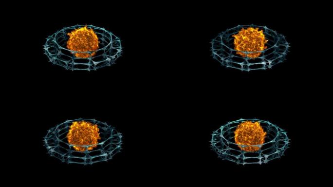 黑色背景上旋转的发光空心等离子球和尖刺环