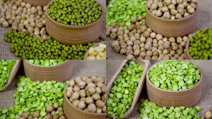 Various types of beans. Green and yellow peas, chi