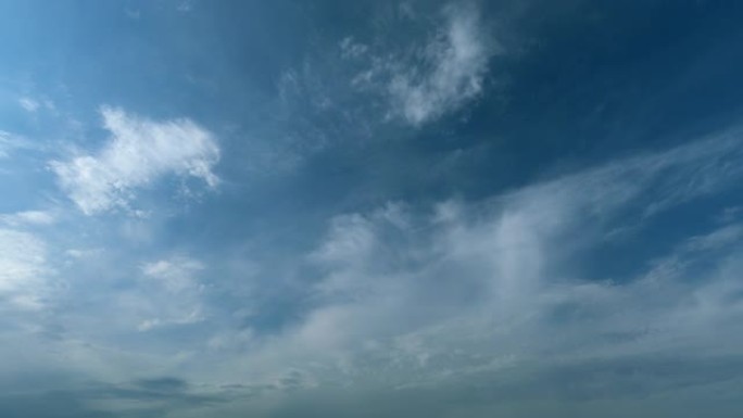 在蓝天上飞舞移动的白云。蓝天背景，有许多层微小的云。延时。
