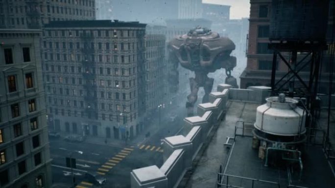 一个巨大的机器人走过充满烟雾的现代城市外来机器人入侵的世界末日氛围。入侵的概念。动画非常适合世界末日