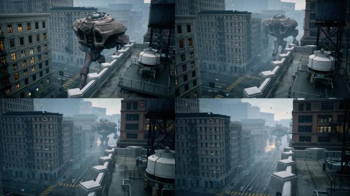 一个巨大的机器人走过充满烟雾的现代城市外来机器人入侵的世界末日氛围。入侵的概念。动画非常适合世界末日