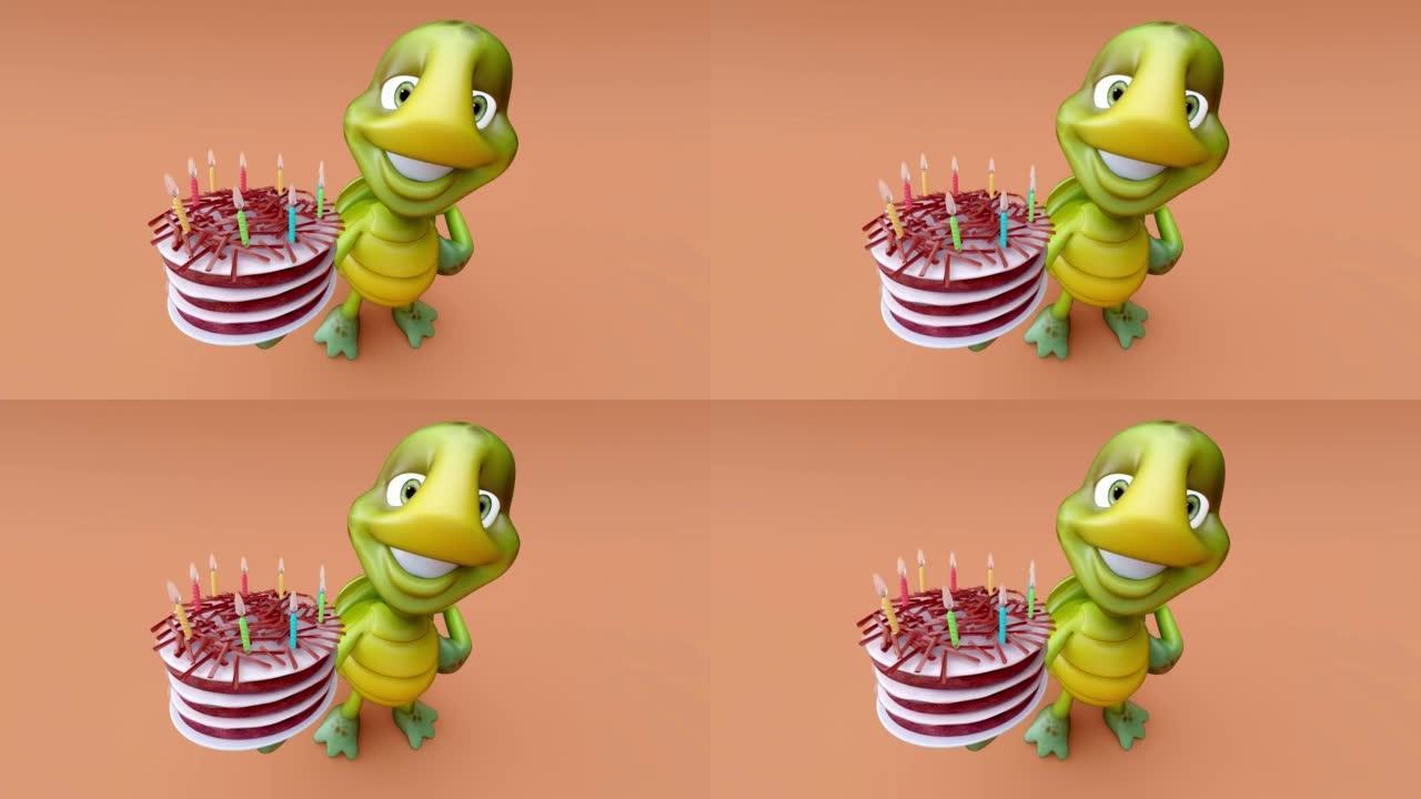 带蛋糕的乌龟的4k有趣3D卡通动画