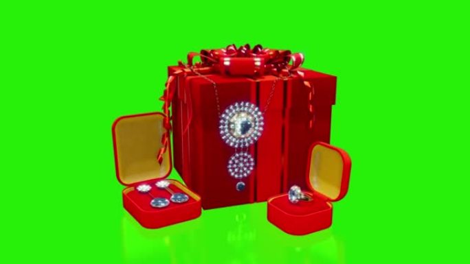 bijouterie礼品-色度键屏幕上带有金戒指，sha铐和钻石项链的红色盒子，隔离