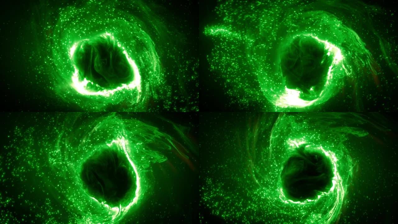 概念抽象绿色微生物颗粒在环形漩涡中绕核运行
