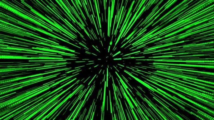 黑色背景上的绿色超光速驱动器，星星