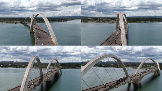 巴西首都巴西利亚帕拉诺亚湖上的JK大桥上的交通鸟瞰图
