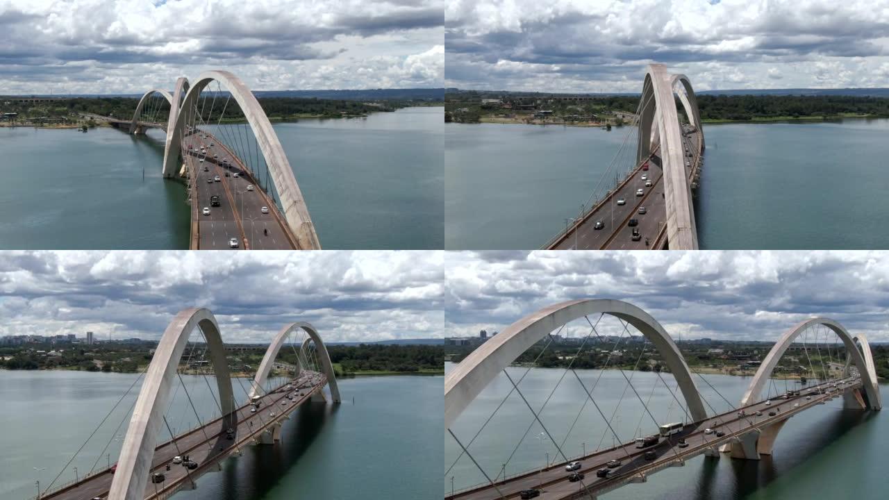 巴西首都巴西利亚帕拉诺亚湖上的JK大桥上的交通鸟瞰图