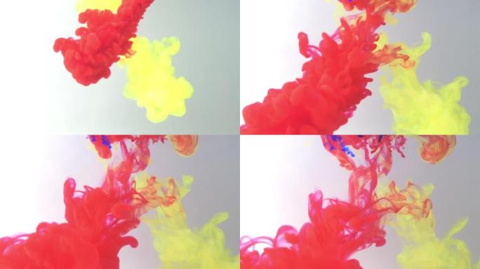 白色背景上的水彩墨水混合在水中。屏保，放松冥想背景。奇妙的抽象背景。彩色水彩画在水中的慢动作。