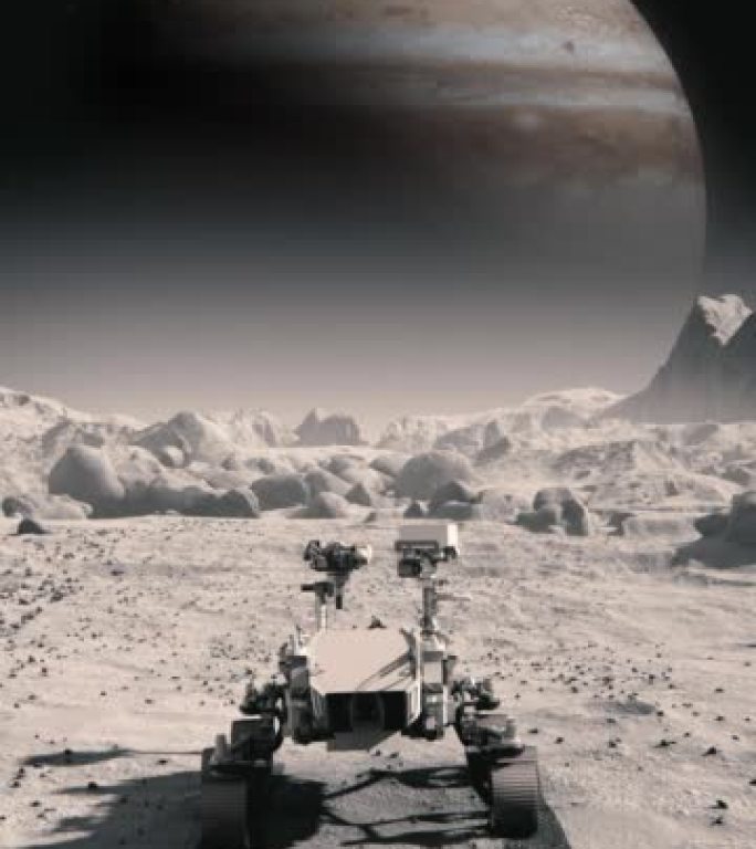 NASA火星发现漫游者穿越月球表面朝木星行驶。月球表面覆盖着岩石。先进技术、太空探索/旅行、殖民概念