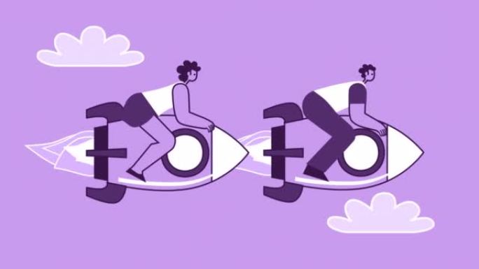 紫色风格的男人和女人扁平角色飞行并参加火箭比赛。带有Alpha通道的孤立循环动画