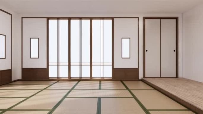 室内、空房间和榻榻米地板房间日式风格。3D渲染