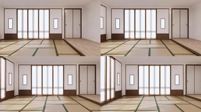 室内、空房间和榻榻米地板房间日式风格。3D渲染