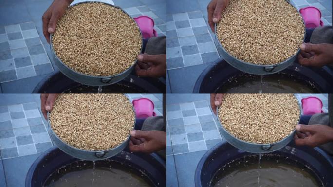 印度北阿坎德邦市。2022年3月21日。印度男子收获后加工小麦。润湿和干燥过程。