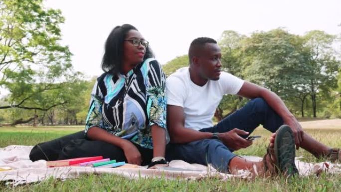 快乐可爱的年轻非洲裔美国夫妇在公园野餐，初秋聊天