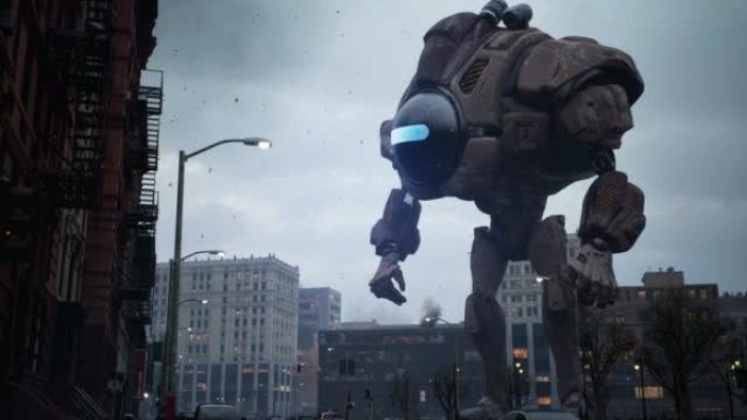 外星巨型机器人入侵者用炽热的激光摧毁了一座城市。外星机器人入侵的世界末日气氛。动画非常适合世界末日、
