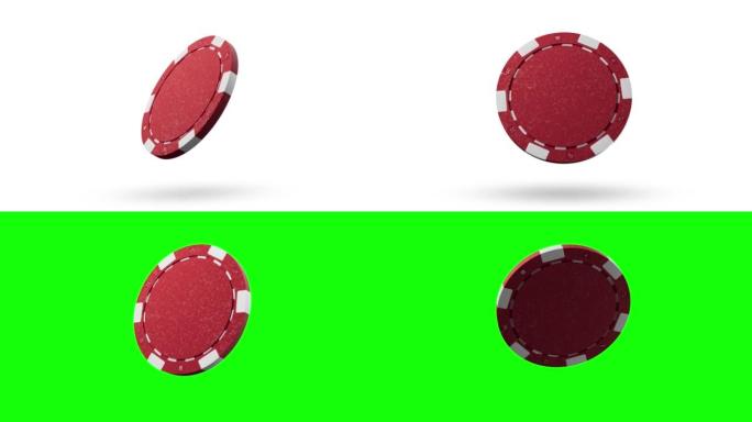 特写。慢动作。孤立。循环视频。绿屏。悬浮红色扑克筹码，白色背景上的代币。赌场概念，游戏设计，广告，赢
