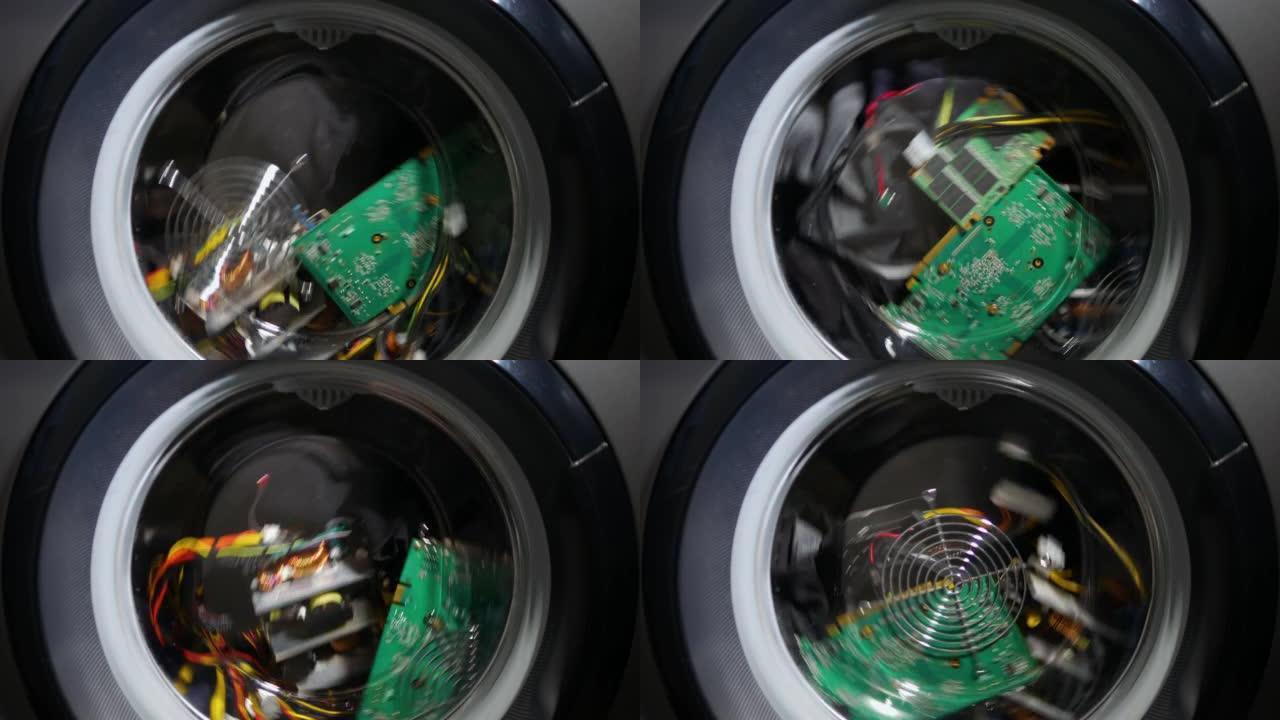 软焦点视频。在洗衣机中清洗计算机零件，在洗衣机中清洗无线电微电路