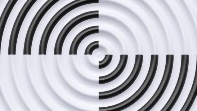 白光清洁黑色波浪形同心现代圆形径向动态抽象背景，3d渲染无缝循环波纹波，几何环圆形液体壁纸，未来移动