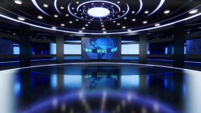 3D虚拟电视演播室新闻，电视节目的背景。墙上的电视。3d虚拟新闻工作室背景，循环