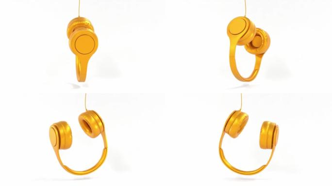 听音乐的金色耳机，白色背景上隔离的dj音频耳机。单色金色立体声耳机，带电缆，带音响扬声器倒置的附件。