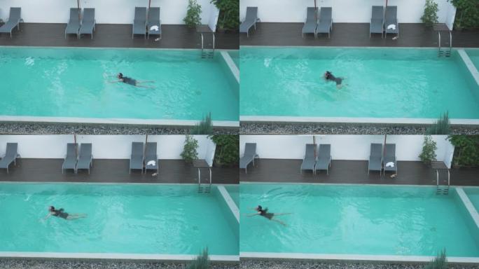 活跃的年轻女子在游泳池里潜水，泼水。在热带度假胜地放松的女士。穿着泳衣的女人跳着游泳池游泳