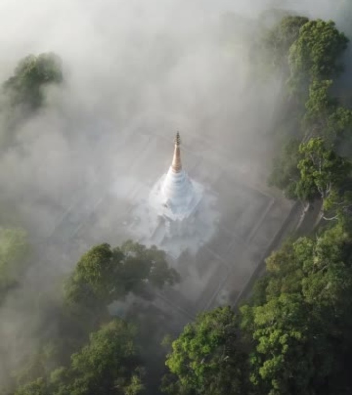 清晨的薄雾渐渐笼罩在亚洲雨林环绕的小山上的白色宝塔上。