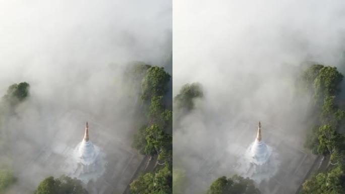 清晨的薄雾渐渐笼罩在亚洲雨林环绕的小山上的白色宝塔上。