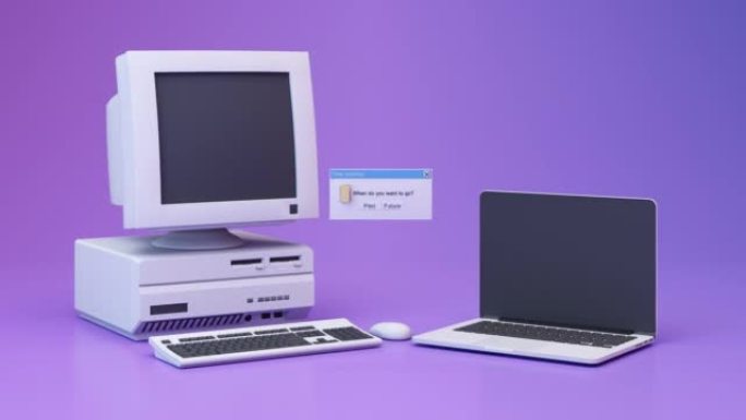 带有90年代风格系统消息窗口的抽象美学背景，老式计算机，鼠标，键盘，粉红色和紫色渐变y2k风格逼真的