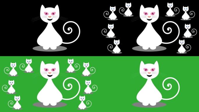 黑色和绿色背景出现的一只坐着的猫和其他猫-动画