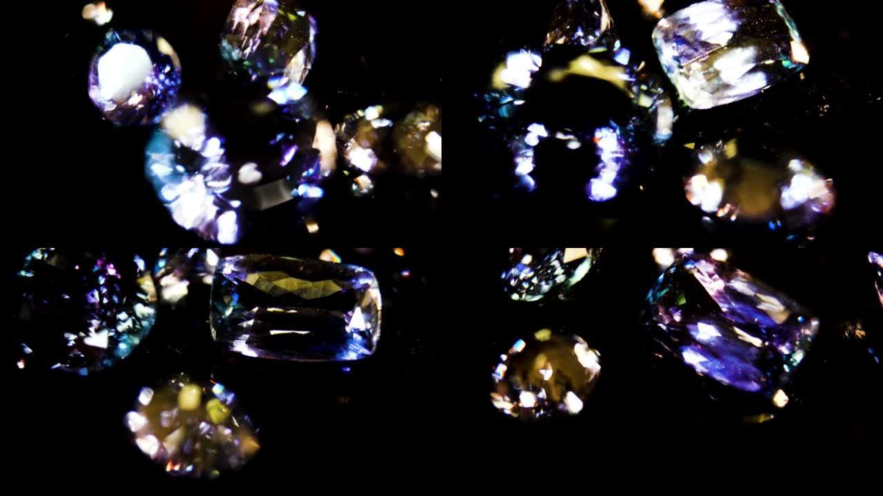 特写。紫色宝石坦桑石的明亮光芒。精致的宝石坦桑石。珠宝宝石