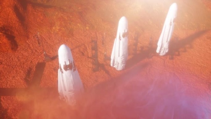 太空飞船火箭降落在火星3d渲染上的空间站上