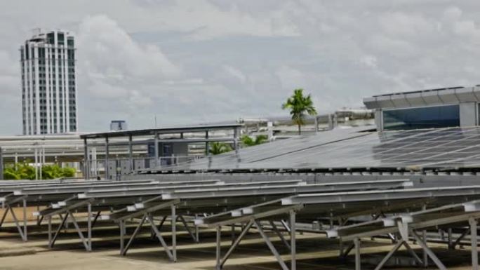 太阳能电池板安装在建筑物上。节电环保的技术