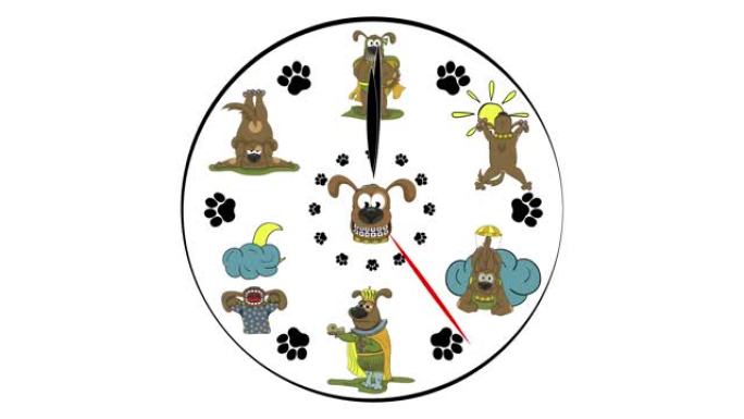 狗钟面背景。一分钟。时钟带有有趣的狗的插图，而不是表盘。