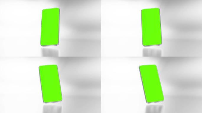 金属手机模型动画。绿色屏幕，明亮的光线和对比阴影背景。