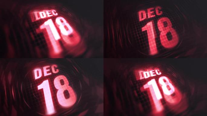 3d运动图形中的12月18日。未来的红外日历和科技发光霓虹灯拍摄，发光二极管纪念等。4k in循环