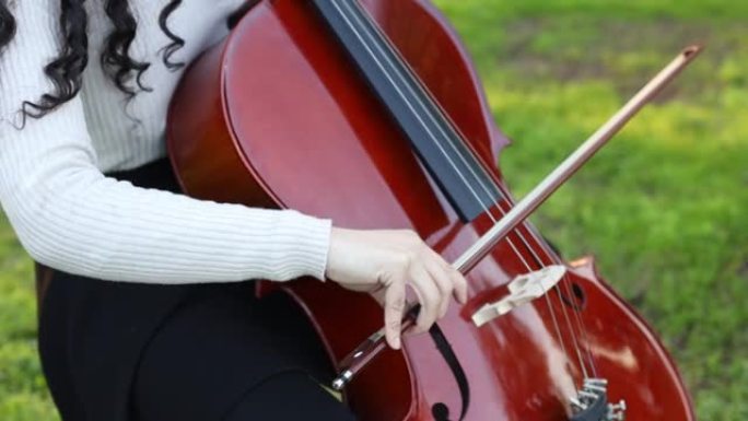 音乐会女子在公园的绿草上演奏大提琴的特写