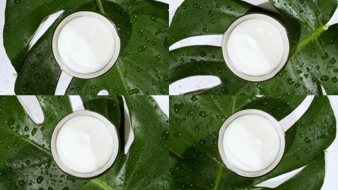 白色化妆霜，在热带树叶的背景上旋转。宏观拍摄。美容健康和皮肤护理的概念，为身体，脸部。天然有机化妆品
